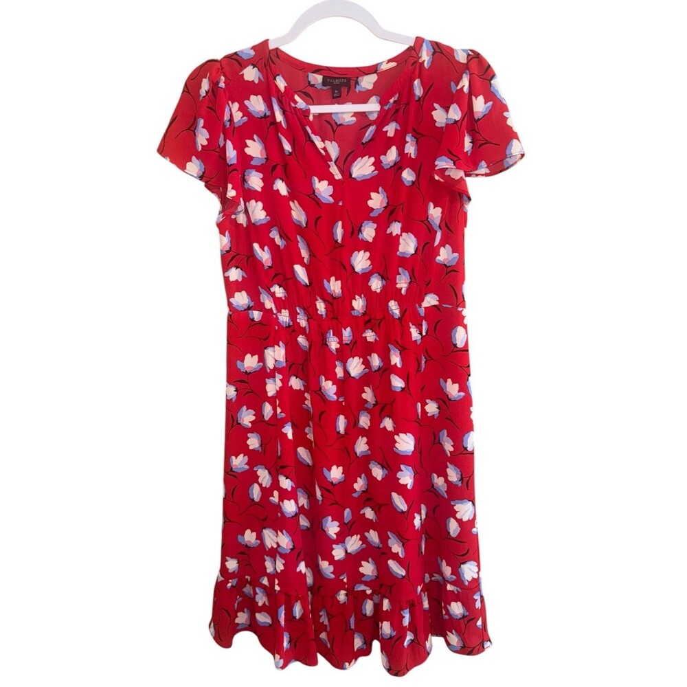 Talbots Classic Red Floral Flutter Sleeve Flounce Hem Dress Women’s Size 6P EUC - Picture 4 of 16